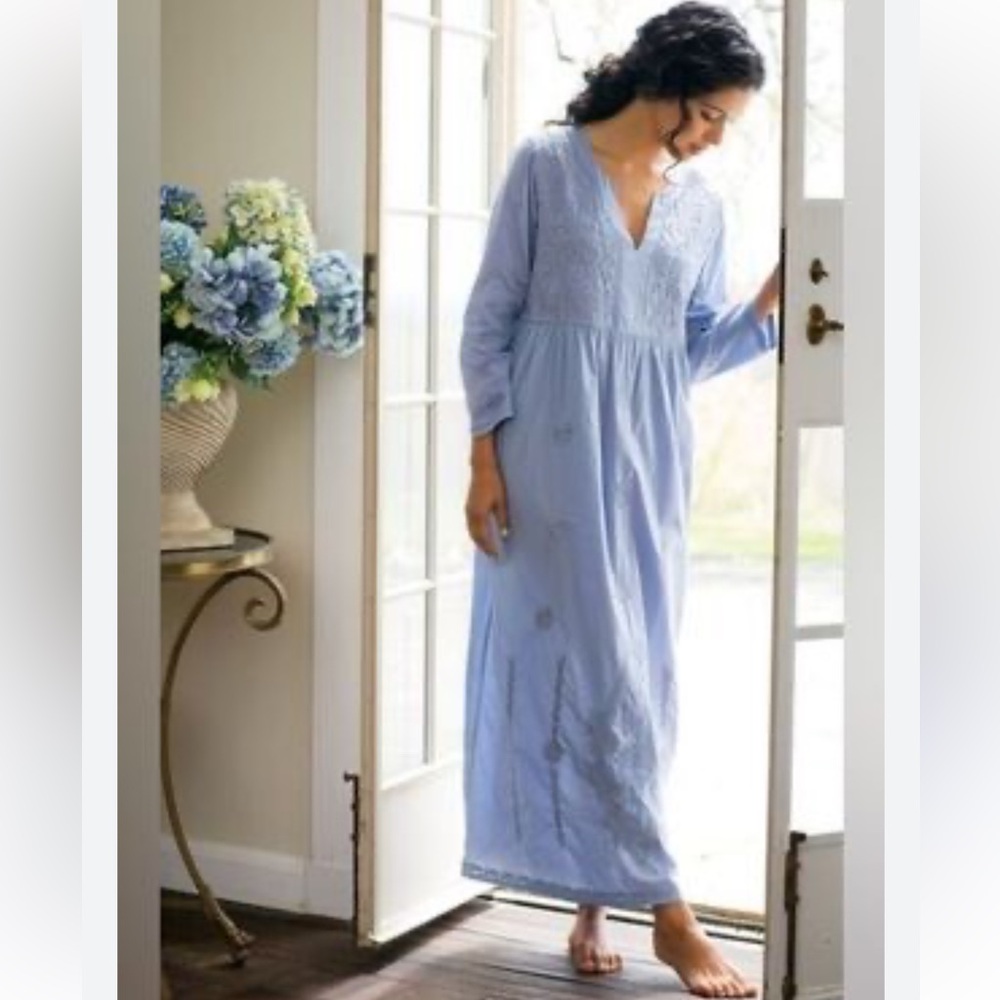 Soft Surroundings Embroidered Maxi Cotton Dress Mountain Mist Boho